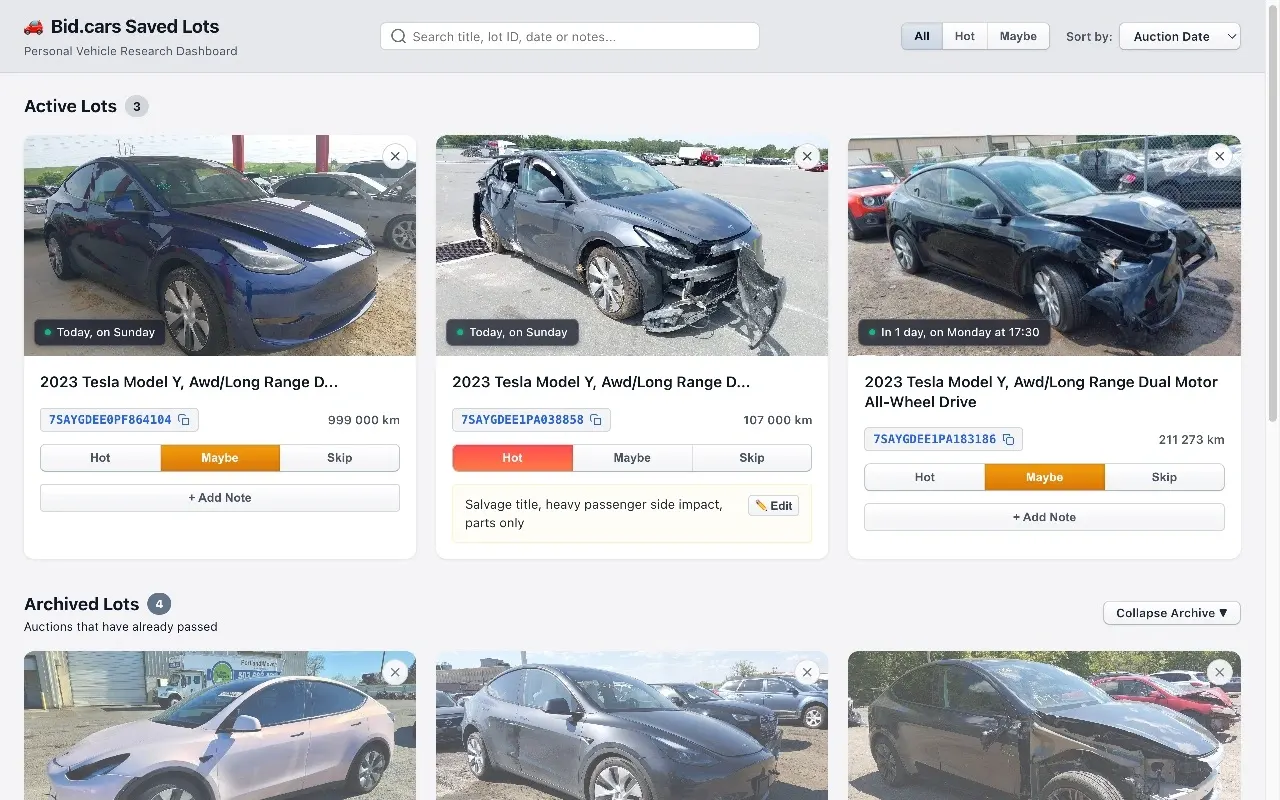 Bid.cars Toolbox saved lots dashboard displaying tracked vehicles, auction end dates, and persistent user notes