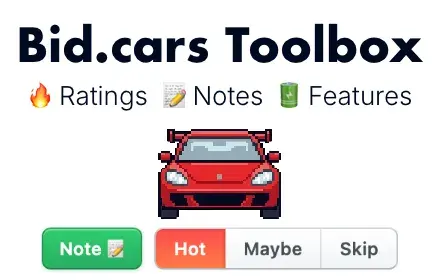 Bid.cars Toolbox banner showcasing vehicle ratings, search filters, and custom lot notes