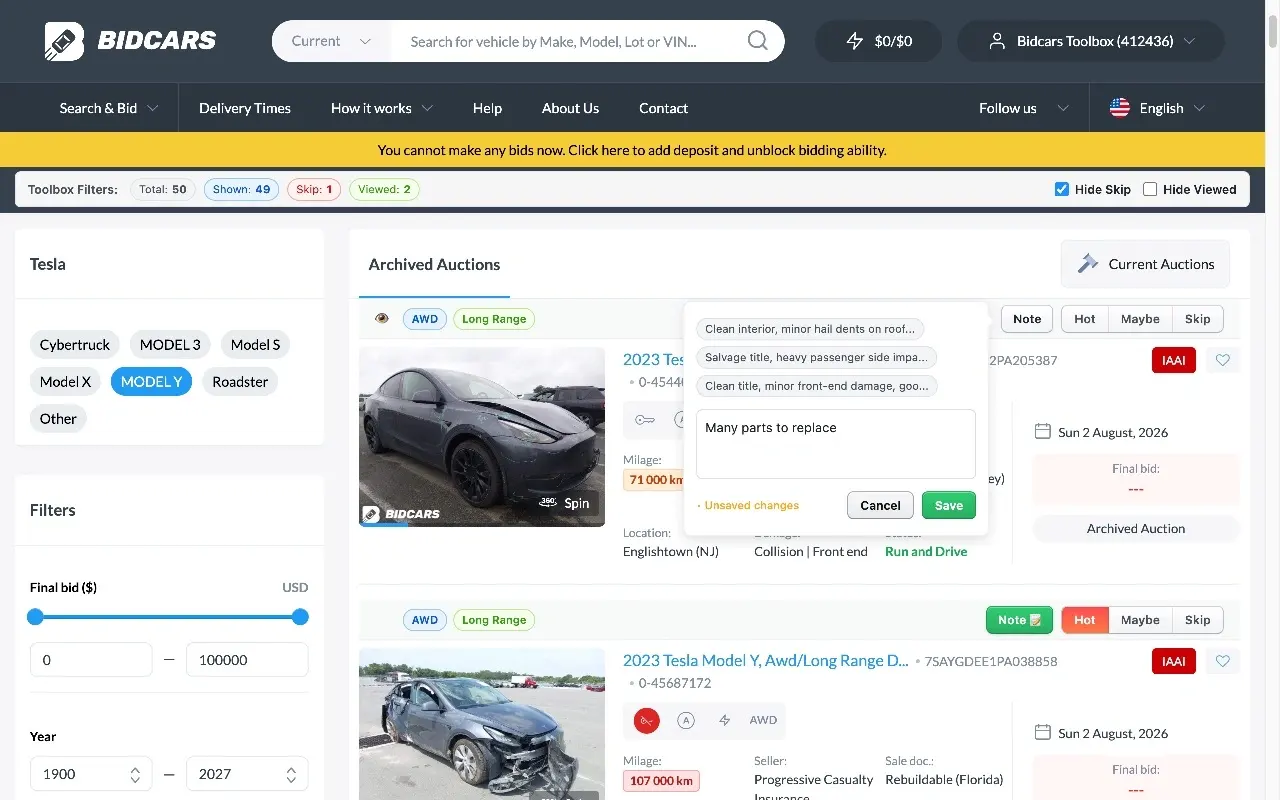Bid.cars search listings with Toolbox extension UI overlay showing interest rating buttons, filter toolbar, and custom damage notes